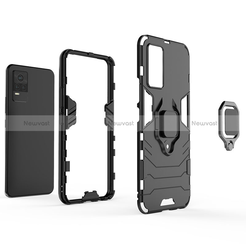 Silicone Matte Finish and Plastic Back Cover Case with Magnetic Finger Ring Stand for Vivo V21e 4G