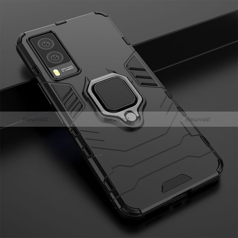 Silicone Matte Finish and Plastic Back Cover Case with Magnetic Finger Ring Stand for Vivo V21e 5G