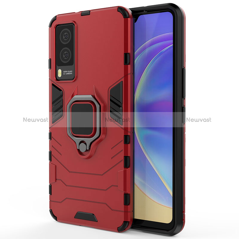 Silicone Matte Finish and Plastic Back Cover Case with Magnetic Finger Ring Stand for Vivo V21e 5G Red