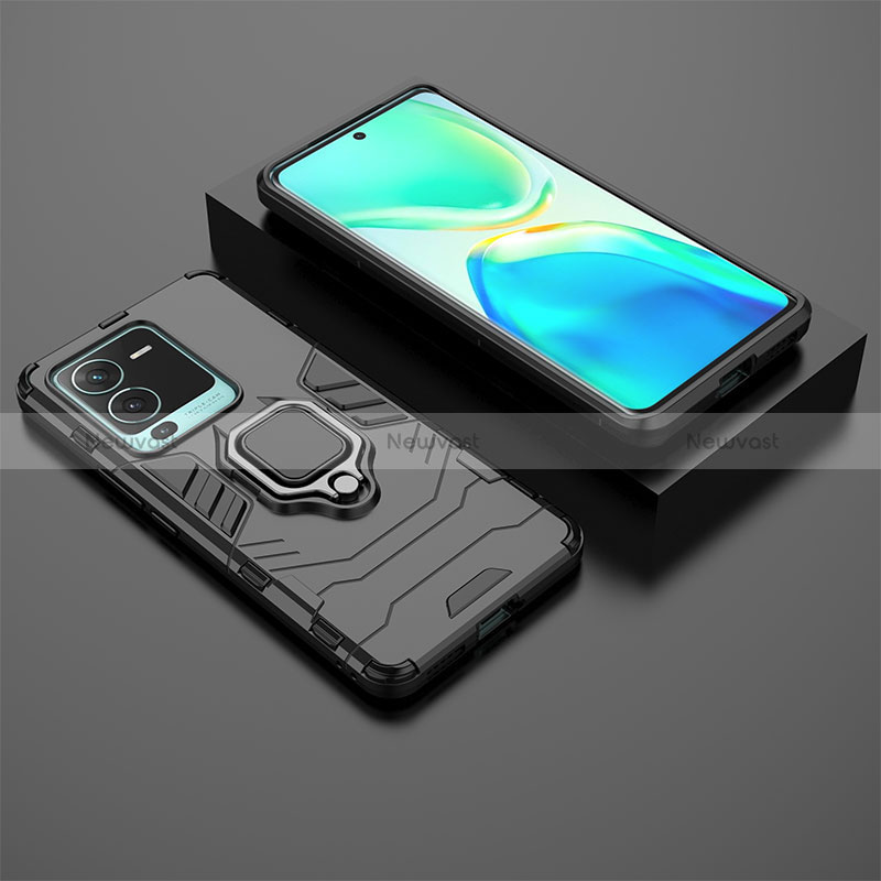 Silicone Matte Finish and Plastic Back Cover Case with Magnetic Finger Ring Stand for Vivo V25 Pro 5G