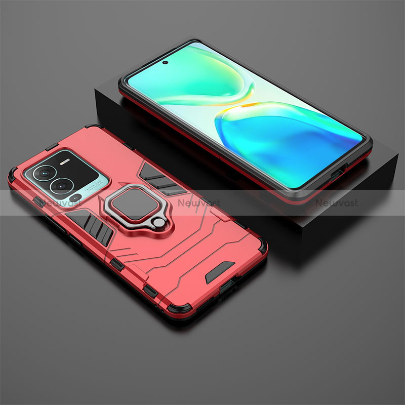 Silicone Matte Finish and Plastic Back Cover Case with Magnetic Finger Ring Stand for Vivo V25 Pro 5G