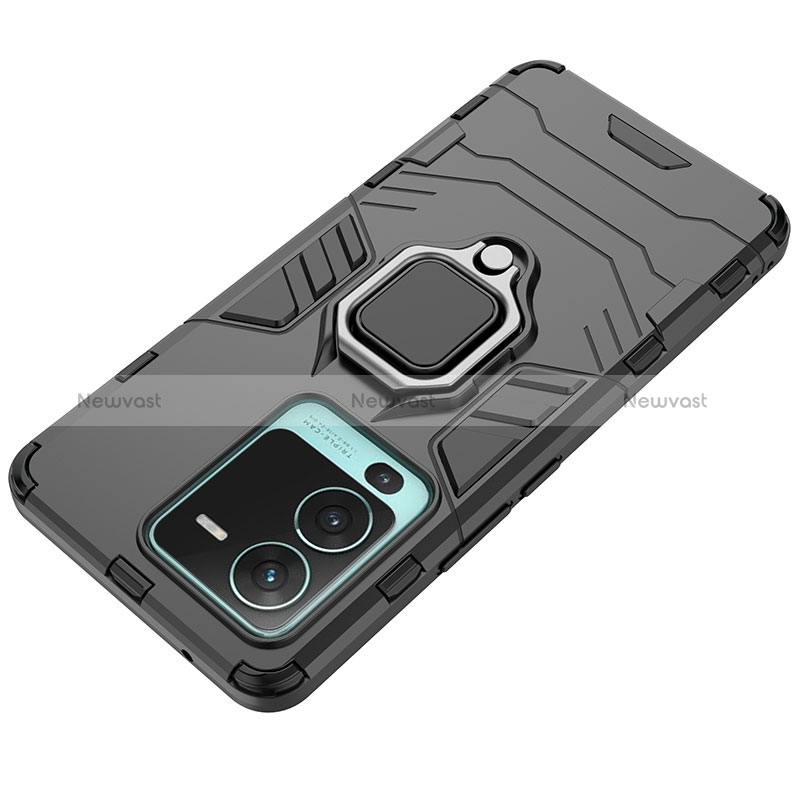 Silicone Matte Finish and Plastic Back Cover Case with Magnetic Finger Ring Stand for Vivo V25 Pro 5G