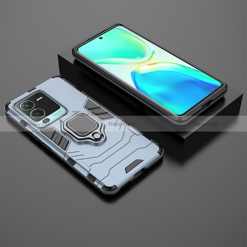 Silicone Matte Finish and Plastic Back Cover Case with Magnetic Finger Ring Stand for Vivo V25 Pro 5G Blue