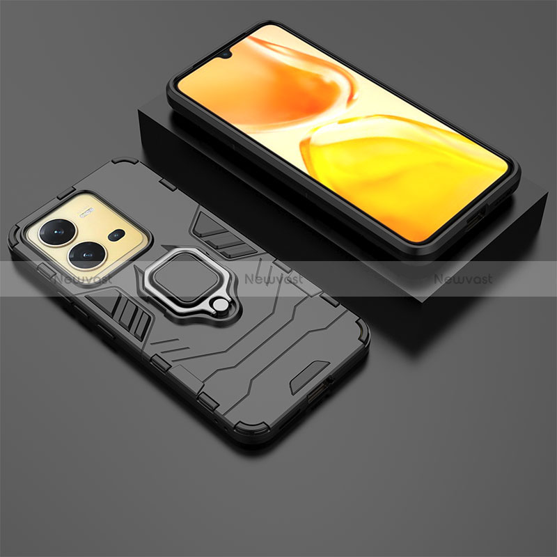 Silicone Matte Finish and Plastic Back Cover Case with Magnetic Finger Ring Stand for Vivo V25e