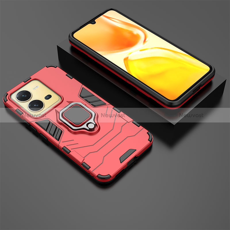 Silicone Matte Finish and Plastic Back Cover Case with Magnetic Finger Ring Stand for Vivo V25e Red