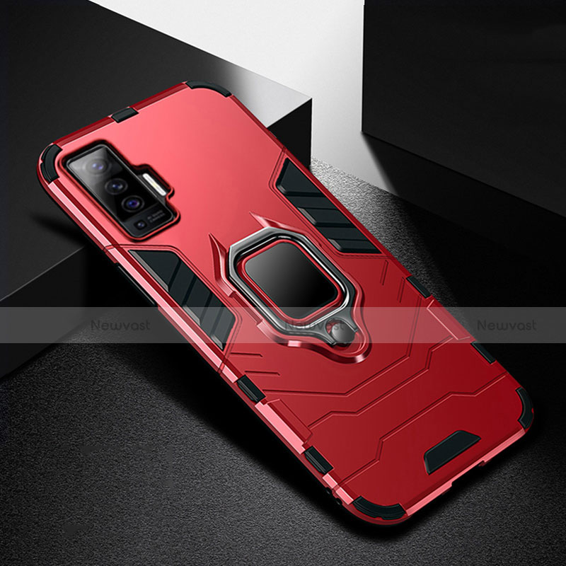 Silicone Matte Finish and Plastic Back Cover Case with Magnetic Finger Ring Stand for Vivo X50 5G Red