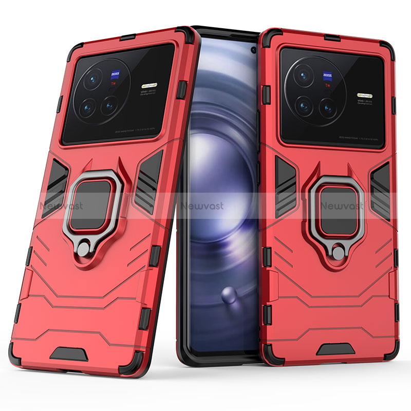 Silicone Matte Finish and Plastic Back Cover Case with Magnetic Finger Ring Stand for Vivo X80 5G Red