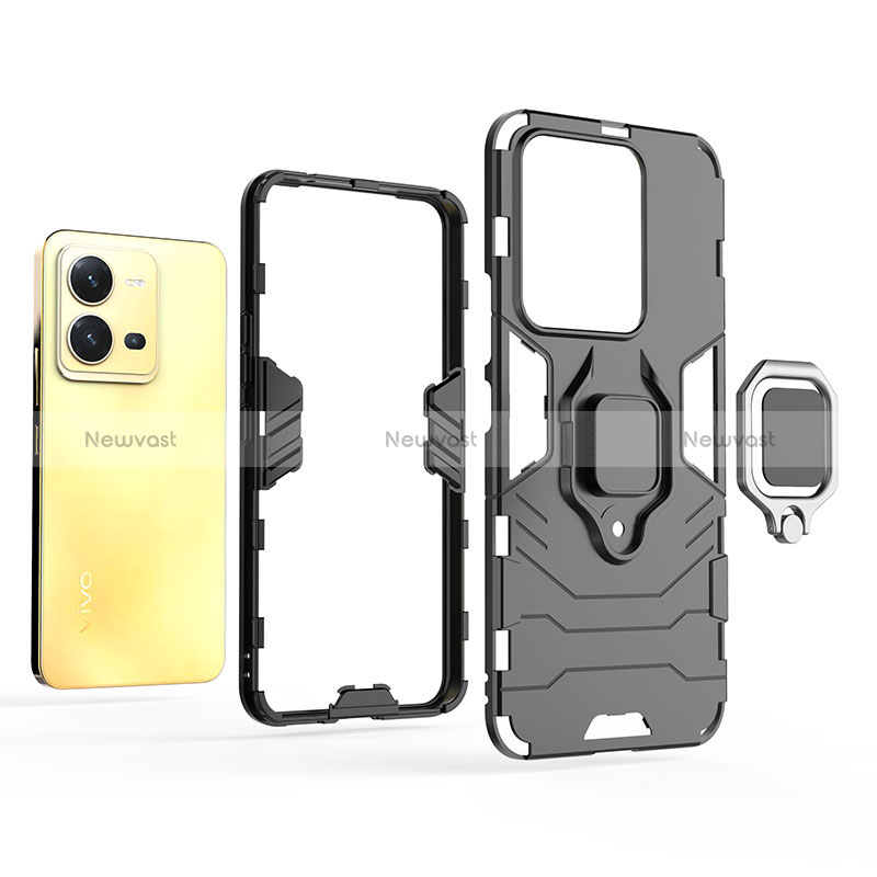 Silicone Matte Finish and Plastic Back Cover Case with Magnetic Finger Ring Stand for Vivo X80 Lite 5G
