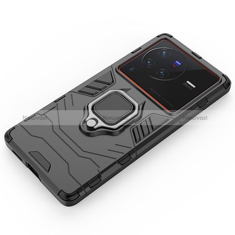Silicone Matte Finish and Plastic Back Cover Case with Magnetic Finger Ring Stand for Vivo X80 Pro 5G