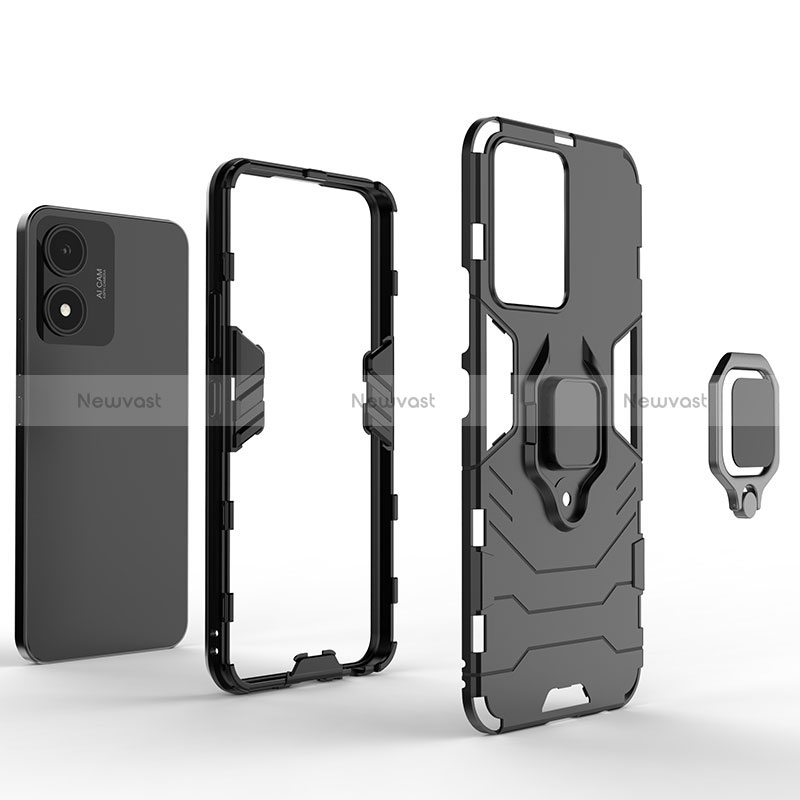 Silicone Matte Finish and Plastic Back Cover Case with Magnetic Finger Ring Stand for Vivo Y02S