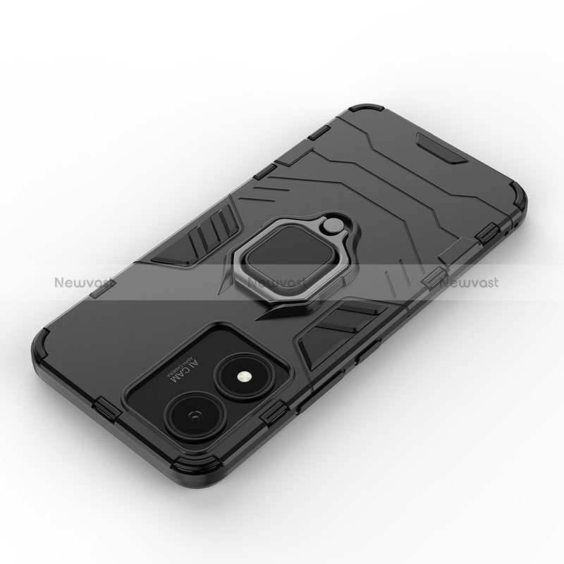 Silicone Matte Finish and Plastic Back Cover Case with Magnetic Finger Ring Stand for Vivo Y02S