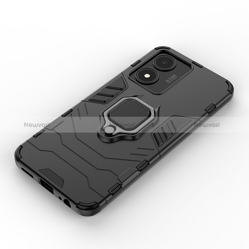 Silicone Matte Finish and Plastic Back Cover Case with Magnetic Finger Ring Stand for Vivo Y02S