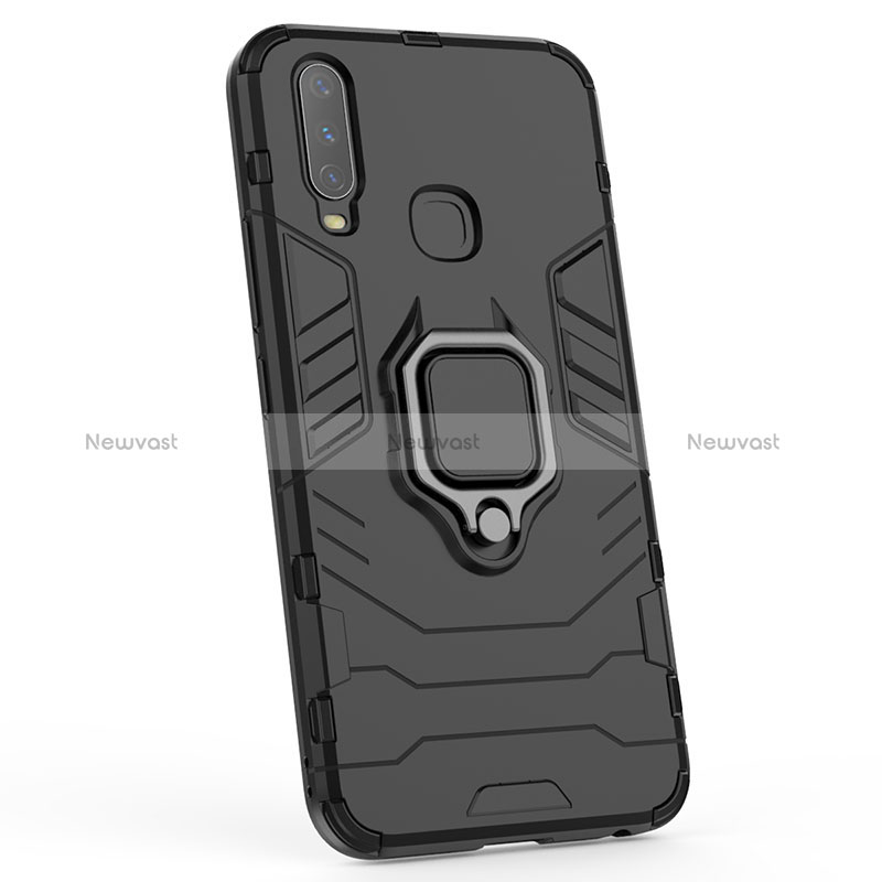 Silicone Matte Finish and Plastic Back Cover Case with Magnetic Finger Ring Stand for Vivo Y11