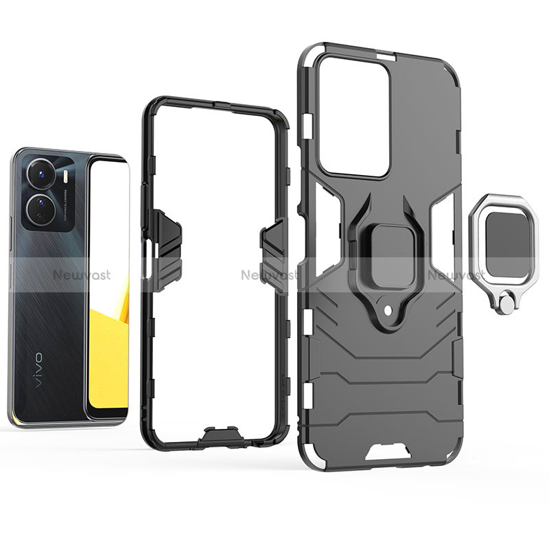 Silicone Matte Finish and Plastic Back Cover Case with Magnetic Finger Ring Stand for Vivo Y16