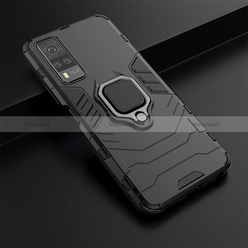 Silicone Matte Finish and Plastic Back Cover Case with Magnetic Finger Ring Stand for Vivo Y31 (2021)