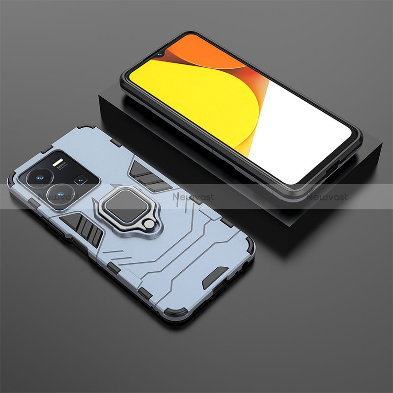 Silicone Matte Finish and Plastic Back Cover Case with Magnetic Finger Ring Stand for Vivo Y35 4G