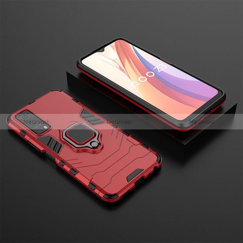 Silicone Matte Finish and Plastic Back Cover Case with Magnetic Finger Ring Stand for Vivo Y52 5G Red