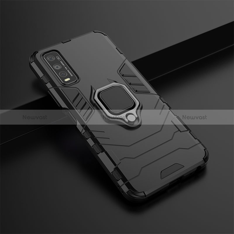 Silicone Matte Finish and Plastic Back Cover Case with Magnetic Finger Ring Stand for Vivo Y70t 5G