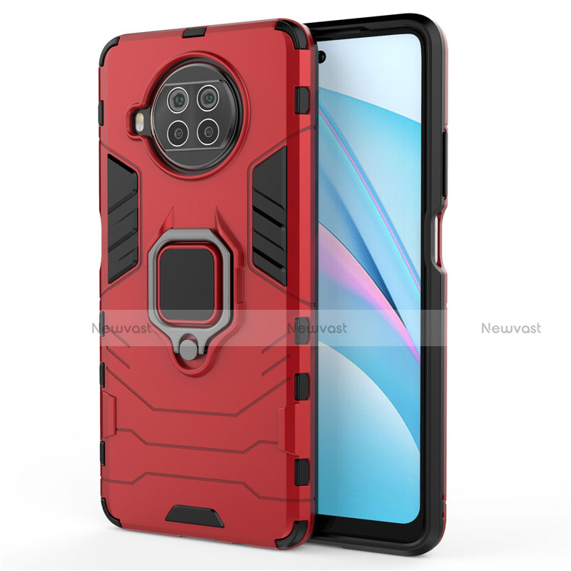 Silicone Matte Finish and Plastic Back Cover Case with Magnetic Finger Ring Stand for Xiaomi Mi 10i 5G Red