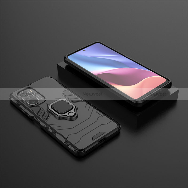 Silicone Matte Finish and Plastic Back Cover Case with Magnetic Finger Ring Stand for Xiaomi Mi 11i 5G Black