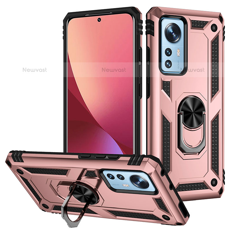 Silicone Matte Finish and Plastic Back Cover Case with Magnetic Finger Ring Stand for Xiaomi Mi 12 Pro 5G Rose Gold