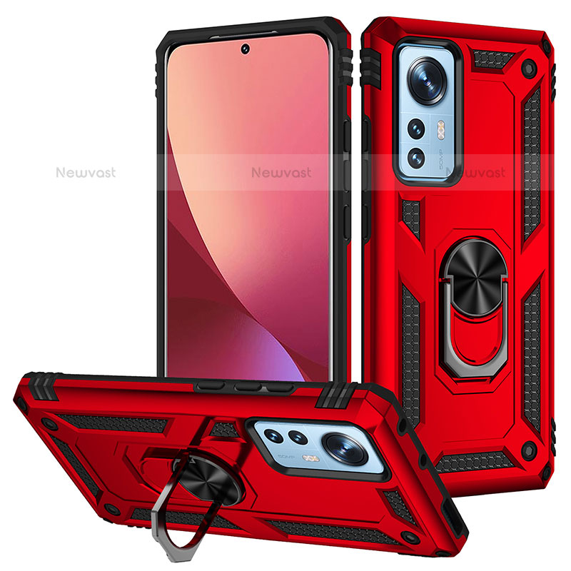 Silicone Matte Finish and Plastic Back Cover Case with Magnetic Finger Ring Stand for Xiaomi Mi 12S Pro 5G Red
