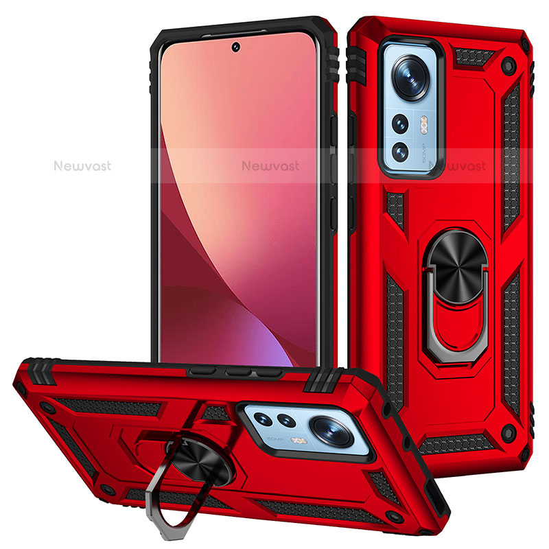 Silicone Matte Finish and Plastic Back Cover Case with Magnetic Finger Ring Stand for Xiaomi Mi 12X 5G Red