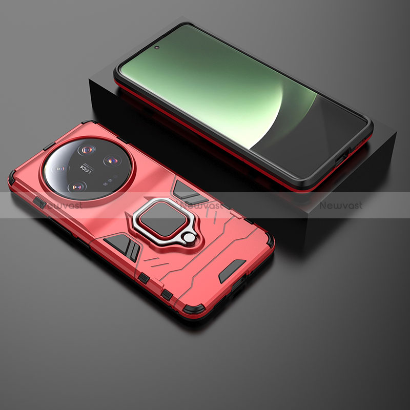 Silicone Matte Finish and Plastic Back Cover Case with Magnetic Finger Ring Stand for Xiaomi Mi 13 Ultra 5G Red