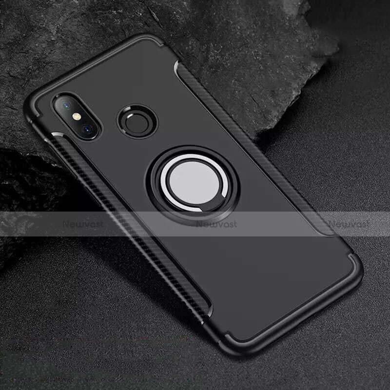 Silicone Matte Finish and Plastic Back Cover Case with Magnetic Finger Ring Stand for Xiaomi Mi 8 Black