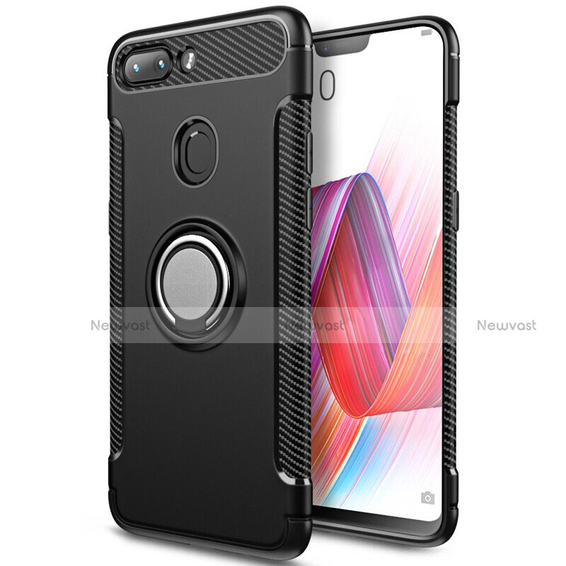 Silicone Matte Finish and Plastic Back Cover Case with Magnetic Finger Ring Stand for Xiaomi Mi 8 Lite Black