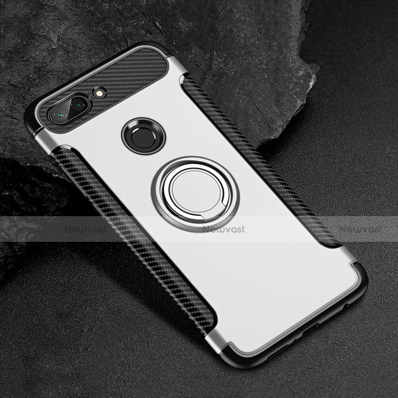 Silicone Matte Finish and Plastic Back Cover Case with Magnetic Finger Ring Stand for Xiaomi Mi 8 Lite Silver