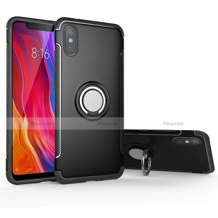 Silicone Matte Finish and Plastic Back Cover Case with Magnetic Finger Ring Stand for Xiaomi Mi 8 Pro Global Version Black