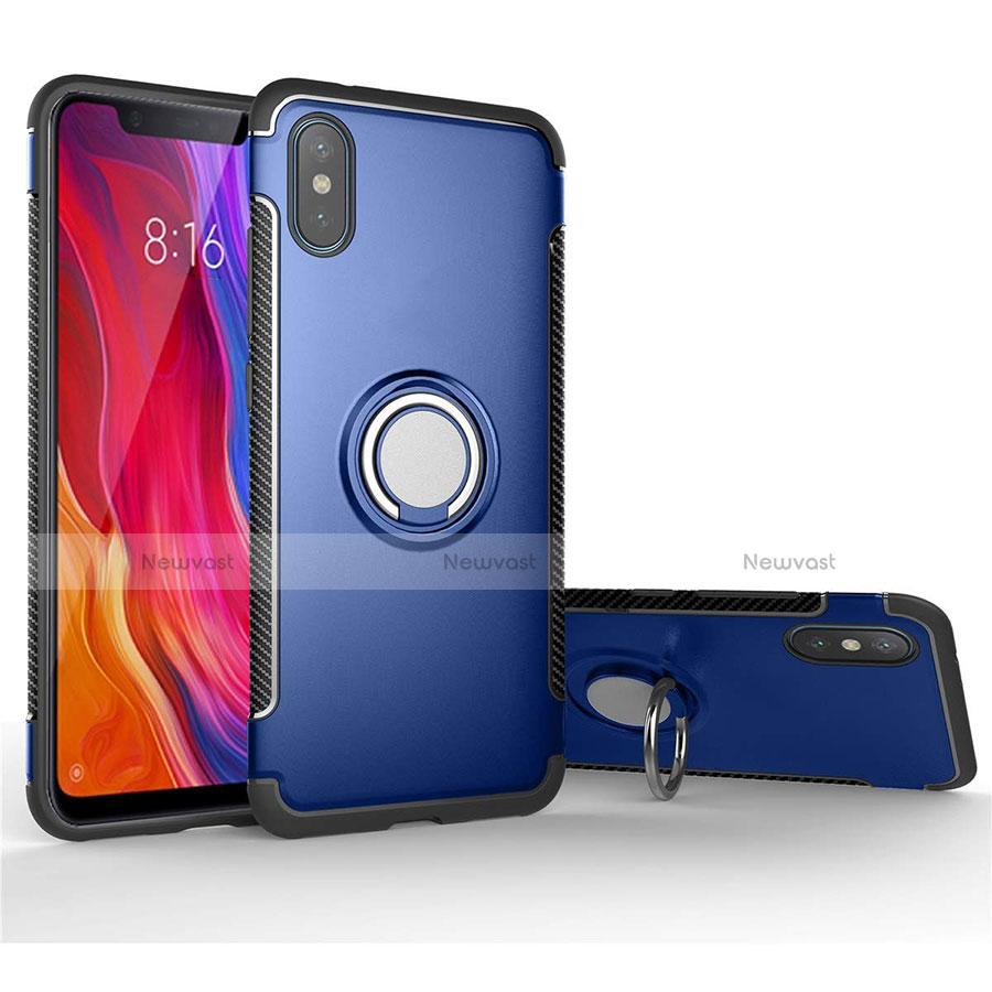 Silicone Matte Finish and Plastic Back Cover Case with Magnetic Finger Ring Stand for Xiaomi Mi 8 Pro Global Version Blue