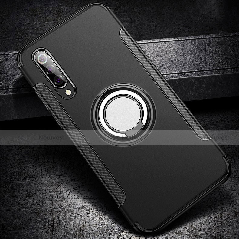 Silicone Matte Finish and Plastic Back Cover Case with Magnetic Finger Ring Stand for Xiaomi Mi 9 Lite