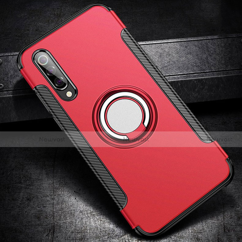 Silicone Matte Finish and Plastic Back Cover Case with Magnetic Finger Ring Stand for Xiaomi Mi 9 Pro Red