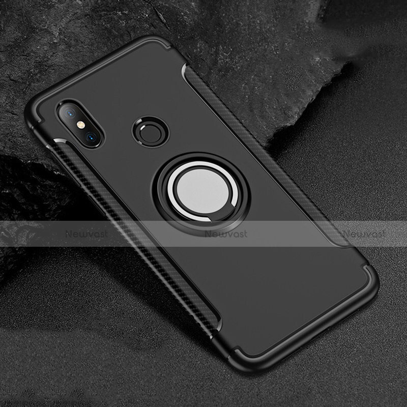 Silicone Matte Finish and Plastic Back Cover Case with Magnetic Finger Ring Stand for Xiaomi Mi A2 Lite Black