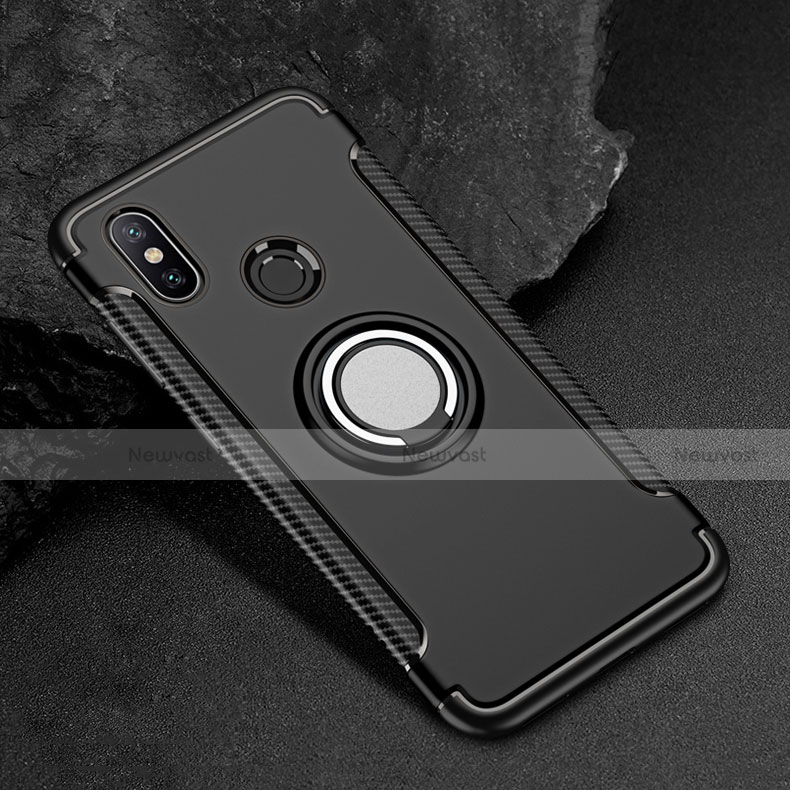 Silicone Matte Finish and Plastic Back Cover Case with Magnetic Finger Ring Stand for Xiaomi Mi Max 3 Black