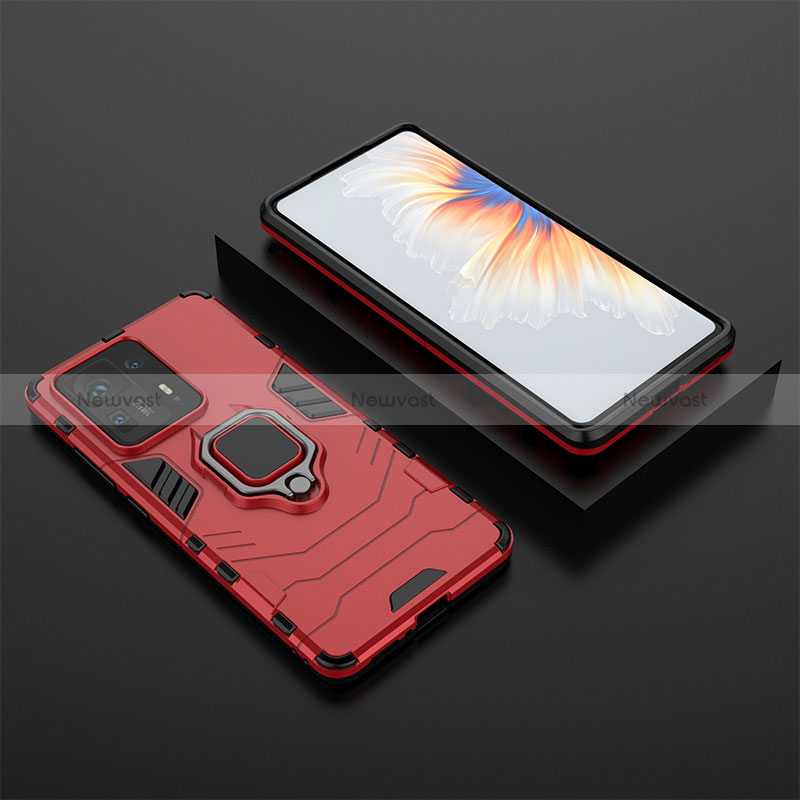 Silicone Matte Finish and Plastic Back Cover Case with Magnetic Finger Ring Stand for Xiaomi Mi Mix 4 5G Red