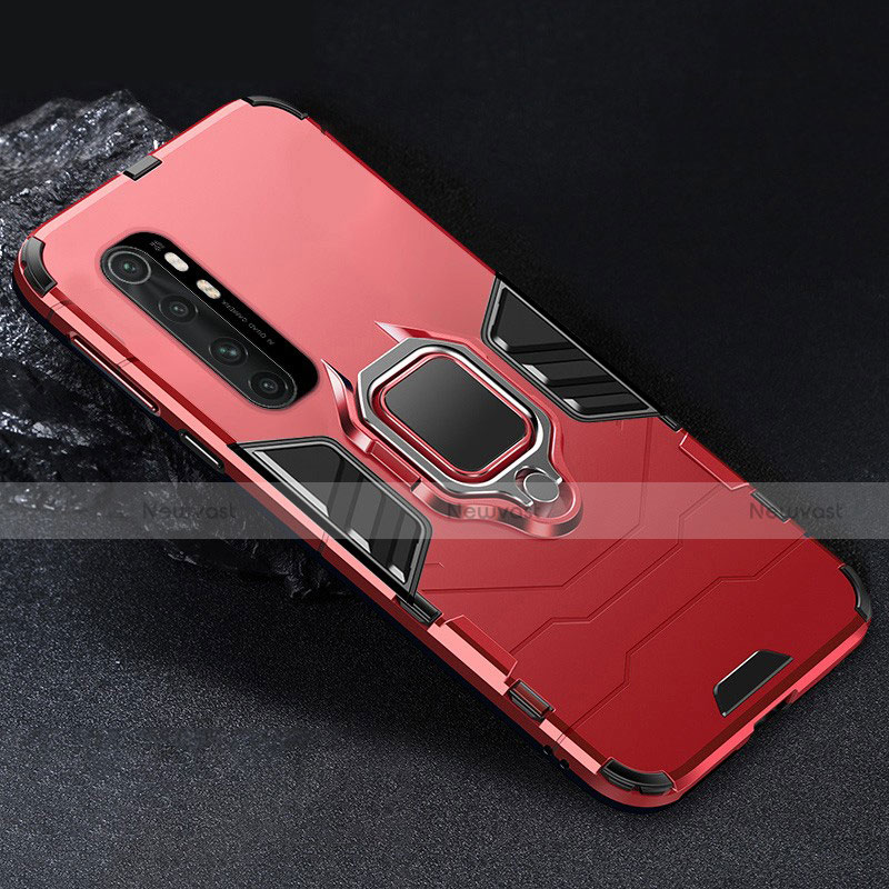 Silicone Matte Finish and Plastic Back Cover Case with Magnetic Finger Ring Stand for Xiaomi Mi Note 10 Lite Red