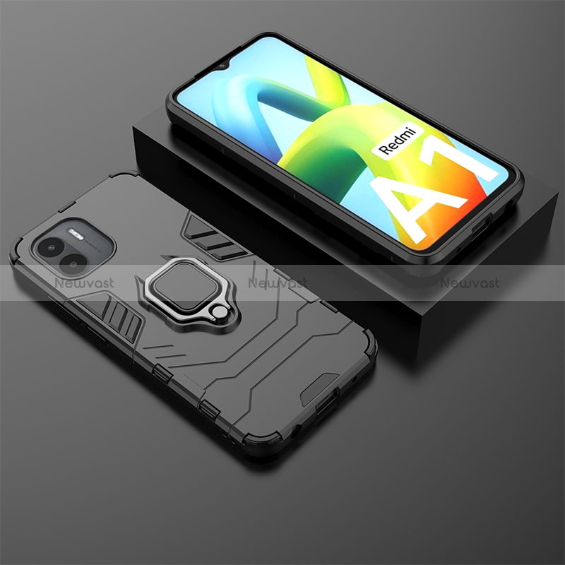 Silicone Matte Finish and Plastic Back Cover Case with Magnetic Finger Ring Stand for Xiaomi Poco C50 Black