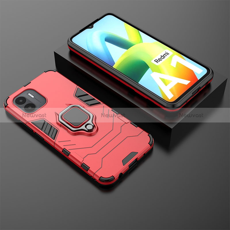 Silicone Matte Finish and Plastic Back Cover Case with Magnetic Finger Ring Stand for Xiaomi Poco C50 Red