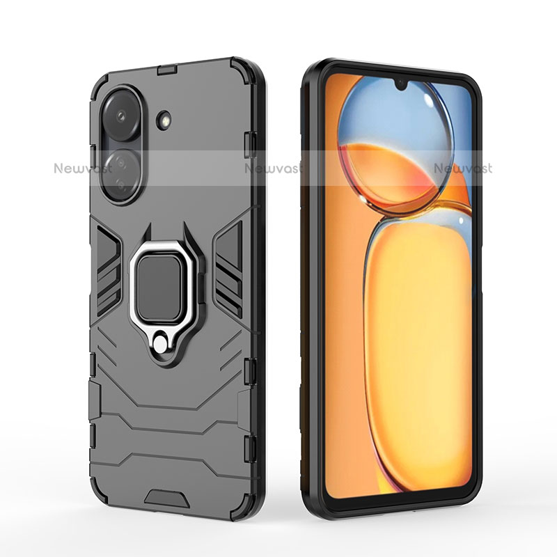 Silicone Matte Finish and Plastic Back Cover Case with Magnetic Finger Ring Stand for Xiaomi Poco C65