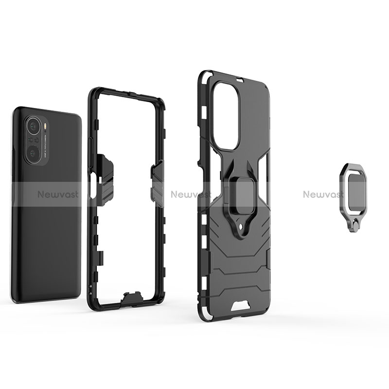Silicone Matte Finish and Plastic Back Cover Case with Magnetic Finger Ring Stand for Xiaomi Poco F3 5G