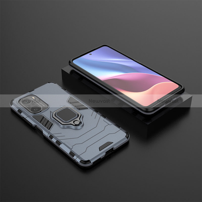 Silicone Matte Finish and Plastic Back Cover Case with Magnetic Finger Ring Stand for Xiaomi Poco F3 5G Blue