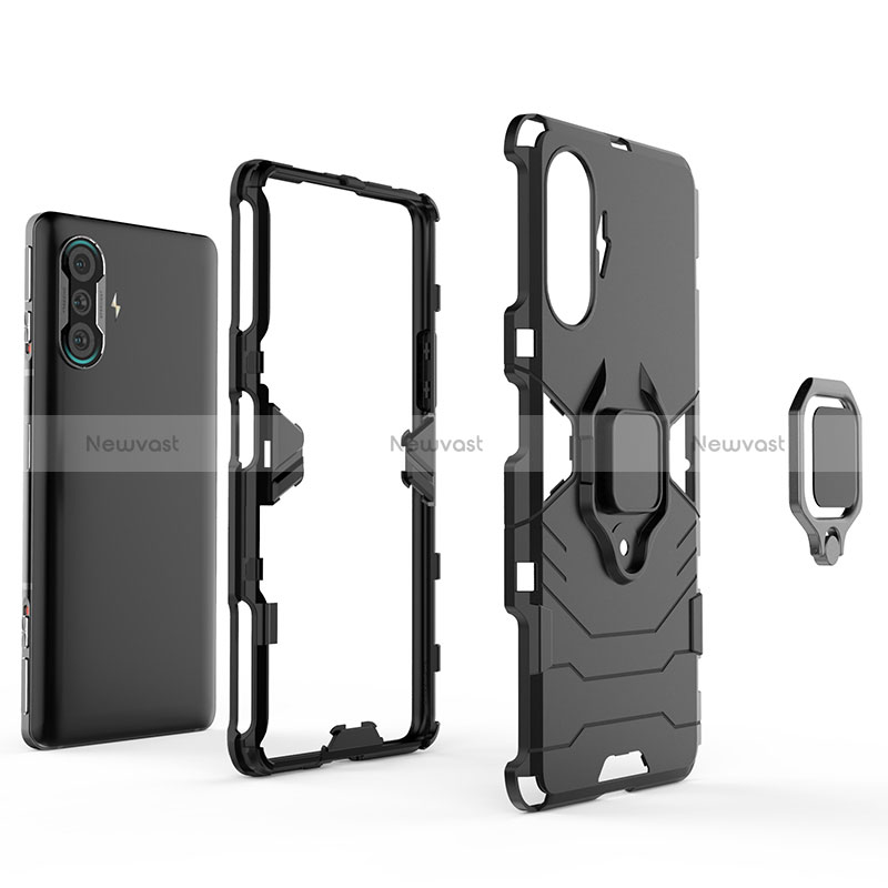 Silicone Matte Finish and Plastic Back Cover Case with Magnetic Finger Ring Stand for Xiaomi Poco F3 GT 5G