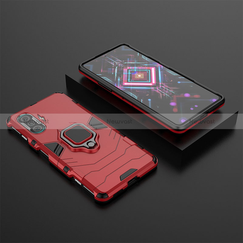 Silicone Matte Finish and Plastic Back Cover Case with Magnetic Finger Ring Stand for Xiaomi Poco F3 GT 5G Red