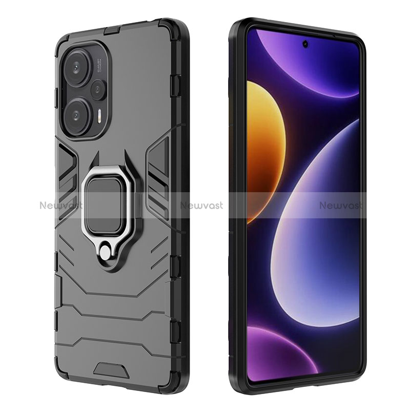 Silicone Matte Finish and Plastic Back Cover Case with Magnetic Finger Ring Stand for Xiaomi Poco F5 5G