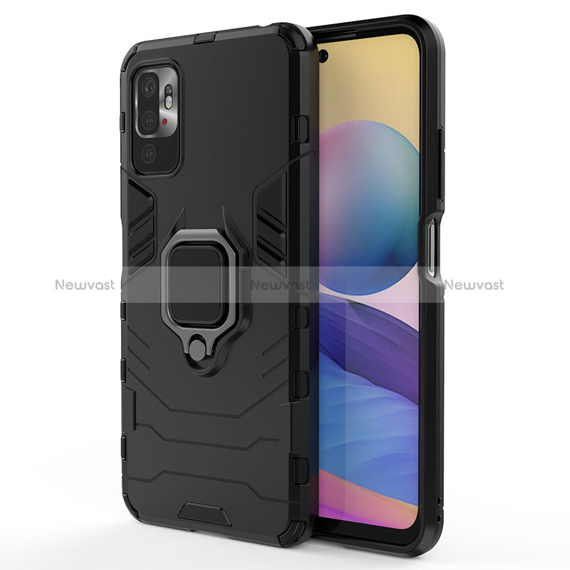 Silicone Matte Finish and Plastic Back Cover Case with Magnetic Finger Ring Stand for Xiaomi POCO M3 Pro 5G