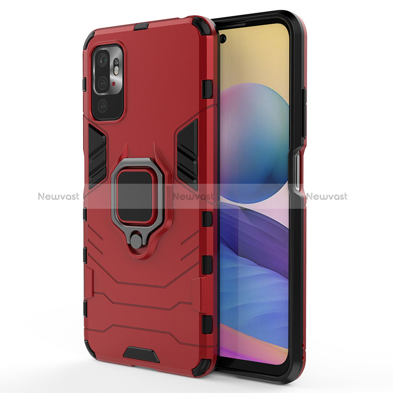 Silicone Matte Finish and Plastic Back Cover Case with Magnetic Finger Ring Stand for Xiaomi POCO M3 Pro 5G Red