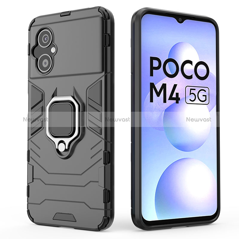 Silicone Matte Finish and Plastic Back Cover Case with Magnetic Finger Ring Stand for Xiaomi Poco M4 5G